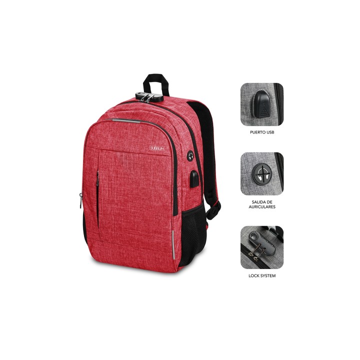 maletin subblim urban lock para portatiles 16p bloqueo antirrobo puerto usb salida auriculares rojo SUB-BP-1UL0002