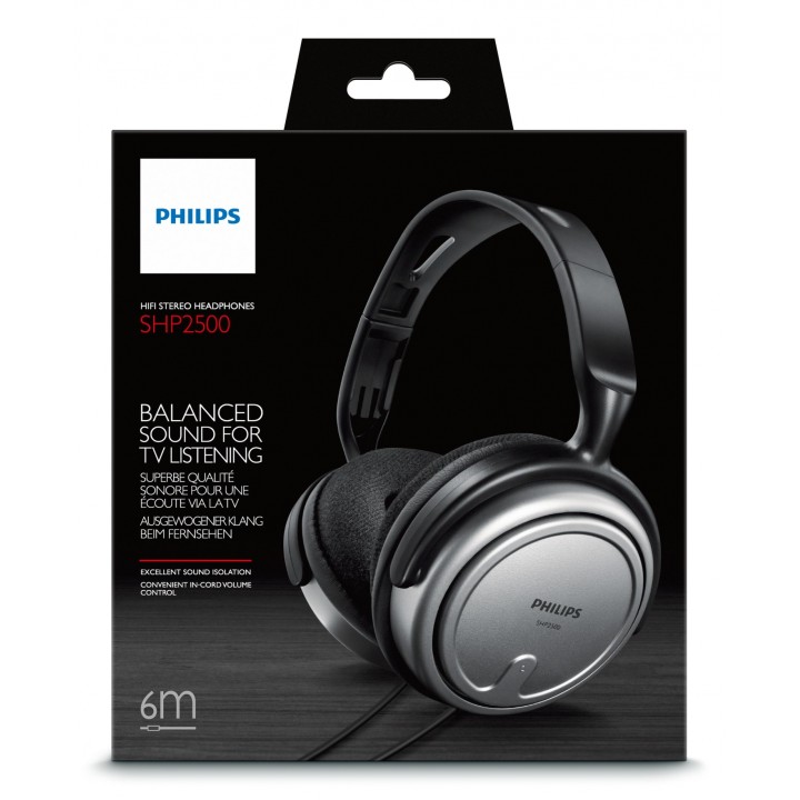Auriculares diadema philips interior con cable para tv 3.5mm 6.5mm negro plata SHP2500/10