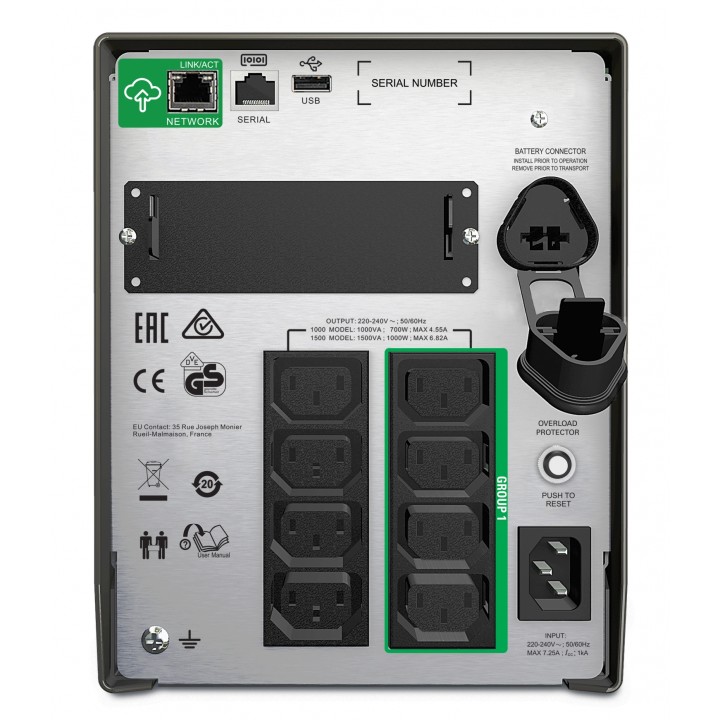 APC sistema de alimentación ininterrumpida (UPS) LÍ­nea interactiva 1500 VA, 1000 W, 8 salidas AC Negro