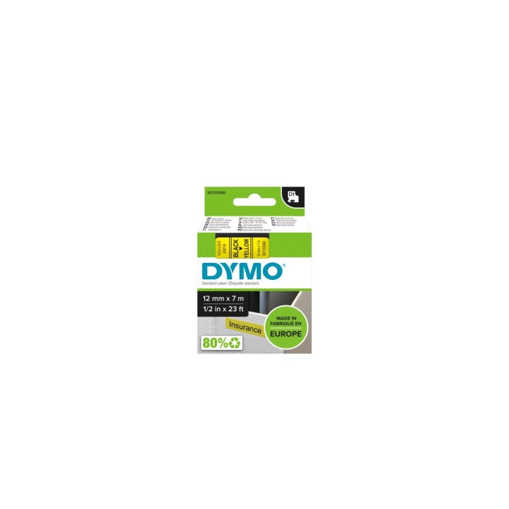 Dymo D1 Etiquetas estandar negro sobre amarillo 12mm x 7m poliester