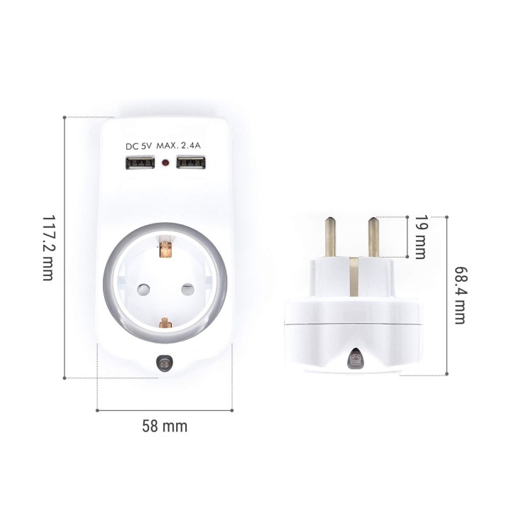 Adaptador de pared welly enjoy 1 toma schuko 16a con luz nocturna soporte para telefono 2 puertos usb indicador led blanco