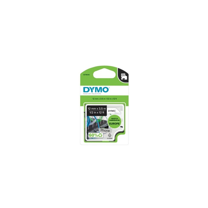 Dymo D1 Cinta para rotuladora negro sobre blanco 12mm x 5.5m etiquetas durables