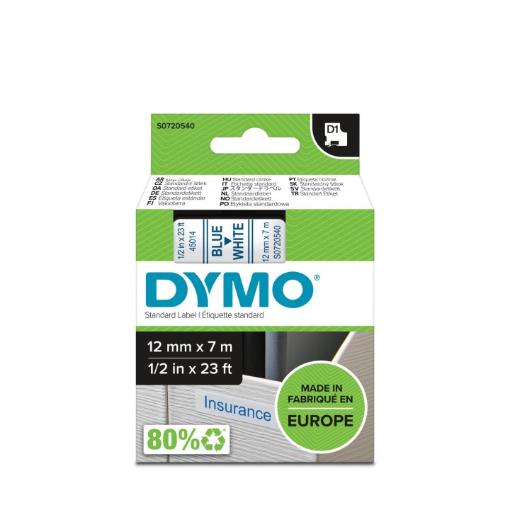 Dymo D1 Etiquetas estandar azul sobre blanco 12mm x 7m poliester