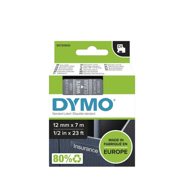 Dymo D1 Etiquetas estandar blanco sobre transparente 12mm x 7m poliester