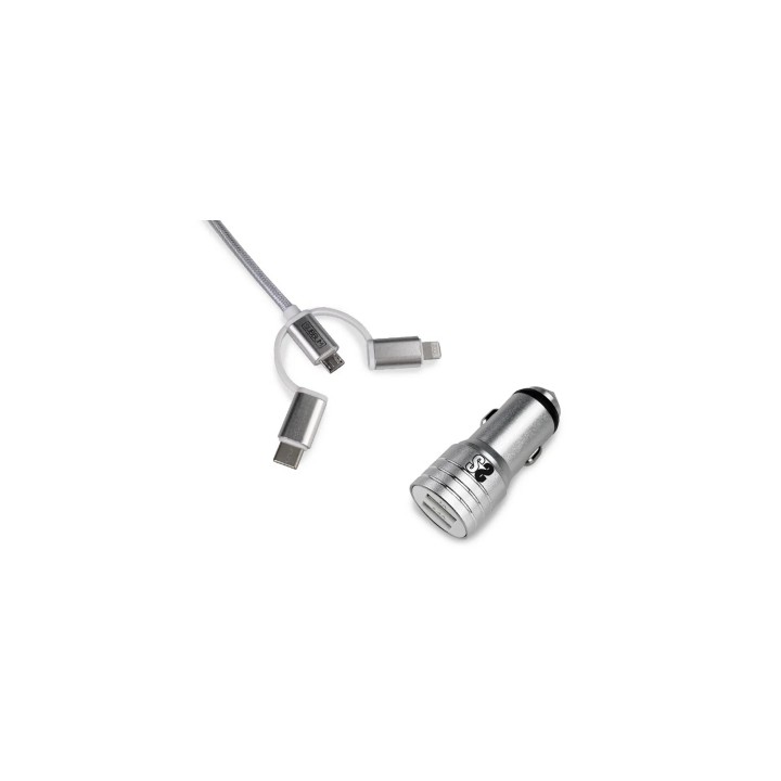 Subblim Cargador coche dual 2xusb 2.4A + cable 3 in 1 plata