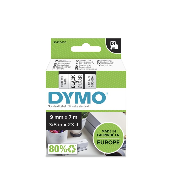 Dymo D1 Etiquetas estandar negro sobre transparente 9mm x 7m poliester