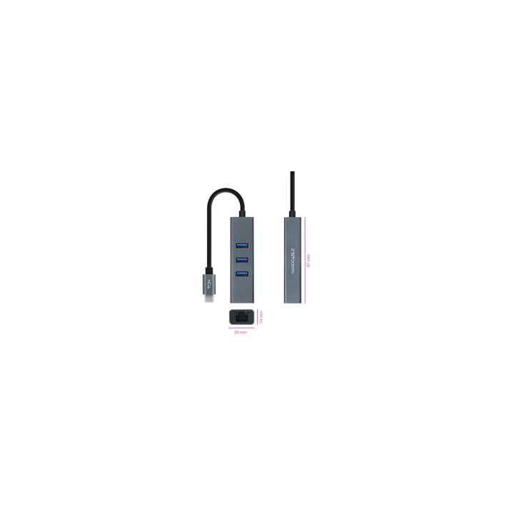 Nanocable Conversor USB-C a Ethernet Gigabit + 3XUSB 3.0, Aluminio, Gris, 15 cm