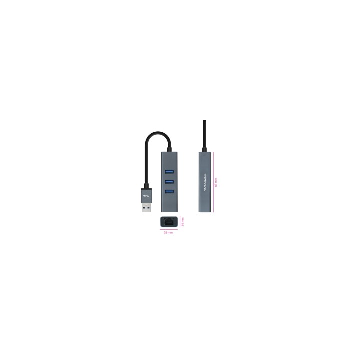 Nanocable Conversor USB 3.0 a Ethernet Gigabit + 3XUSB 3.0, Aluminio, Gris, 15 cm