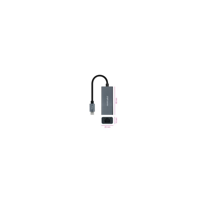 Nanocable Conversor USB-C a Ethernet Gigabit 10/100/1000 Mbps, Aluminio, Gris, 15 cm