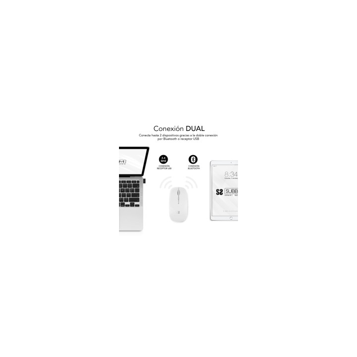 SUBBLIM Ratón Í“ptico Inalámbrico 2.4G y Bluetooth Dual Flat Mouse Recargable Blanco