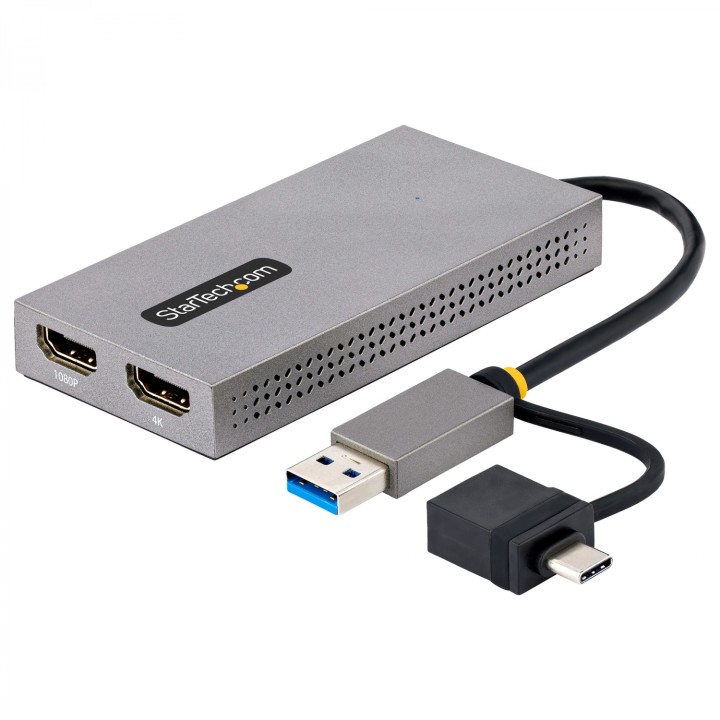 StarTech.com Adaptador de USB a HDMI Doble, USB A/C a 2 Pantallas HDMI (1x 4K30Hz, 1x 1080p), Dongle Integrado USB-A a C, Cable