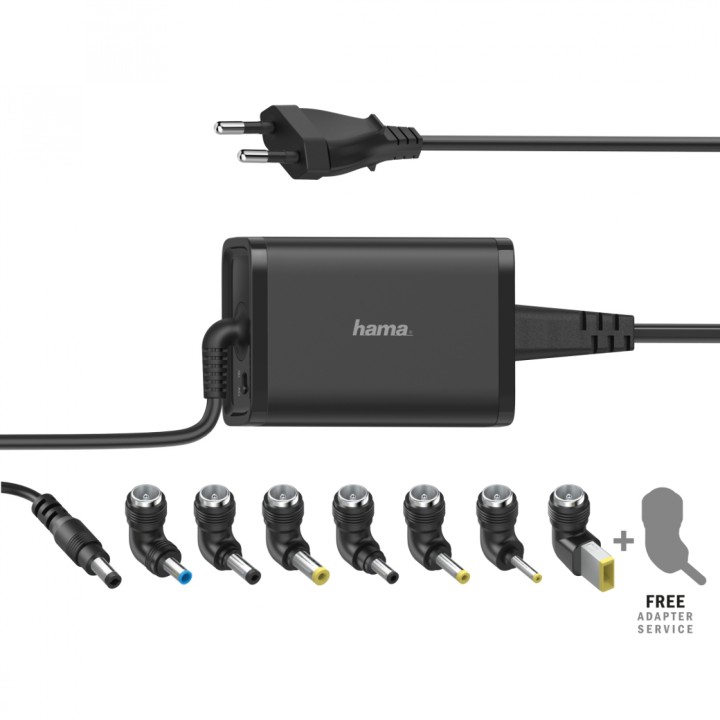 HAMA Cargador universal portátil, con 7 adaptadores, de 15-19V/65W, Enchufe Europeo, Color negro