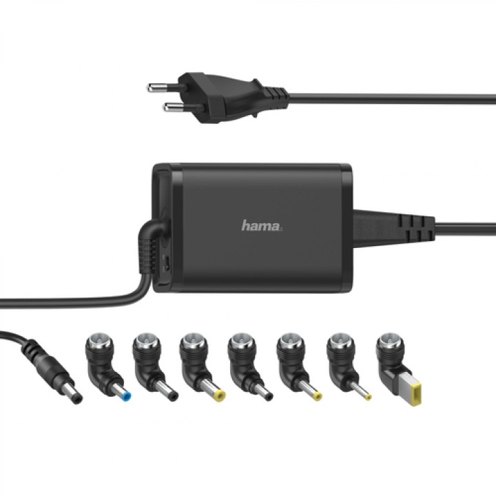 HAMA Cargador universal portátil, con 7 adaptadores, de 15-19V/65W, Enchufe Europeo, Color negro