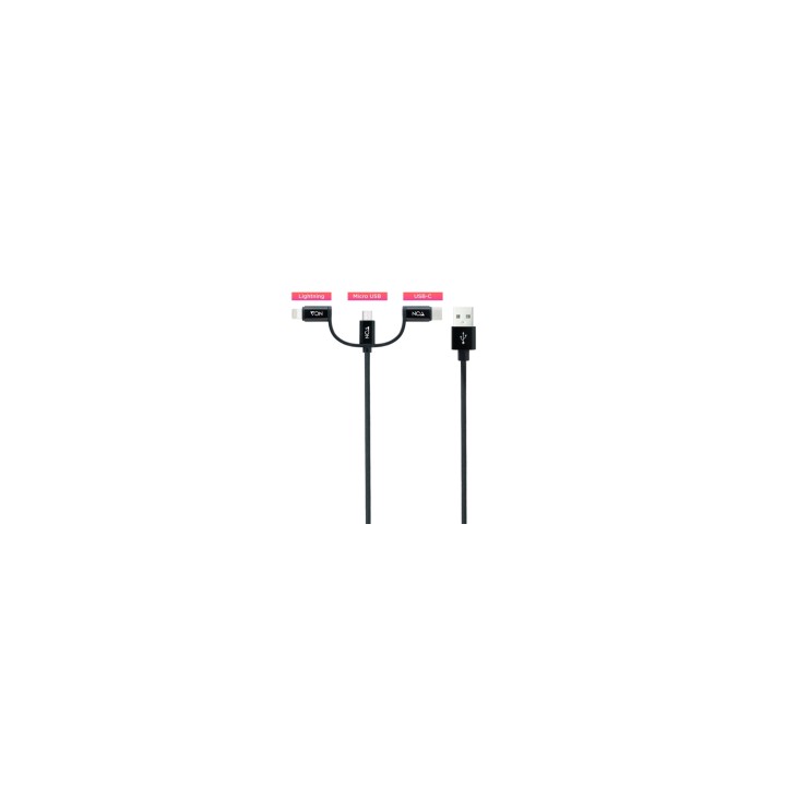 Nanocable Cable USB 3 en 1 Carga/Datos USB-A a USB-C/Micro USB/Lightning 1 m, Negro