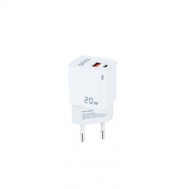 TooQ Cargador de Pared USB-C/PD + USB-A/QC 20W, Blanco