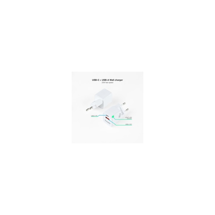 TooQ Cargador de Pared USB-C/PD + USB-A/QC 20W, Blanco
