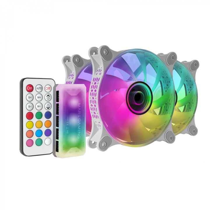 Mars Gaming MF-3DKIT Blanco Kit 3 Ventiladores ARGB 360º 12cm Espejo Infinito 3D Sistema Anti-vibraciones Controlador ARGB
