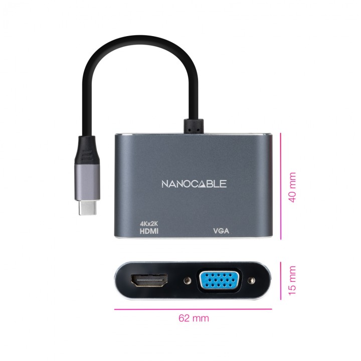 Conversor USB-C a HDMI/VGA 15 cm, Gris