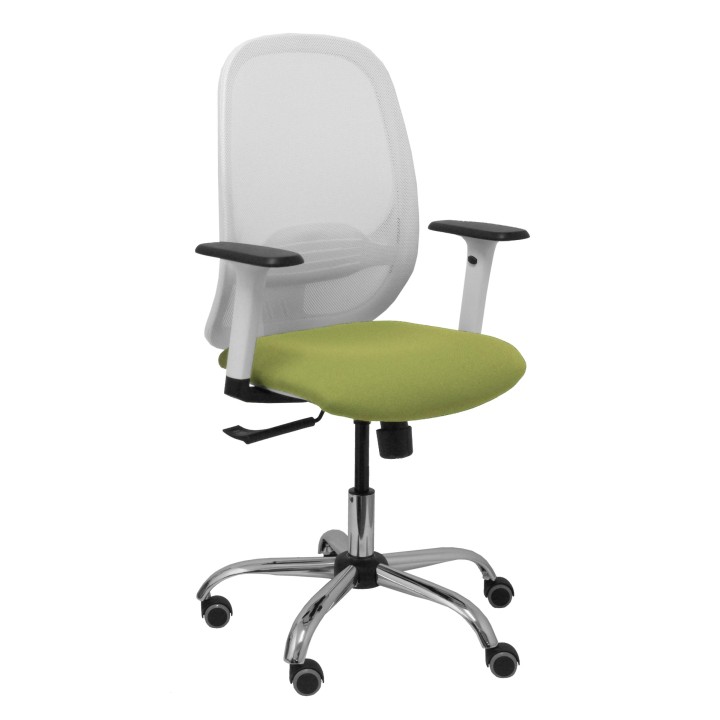 Piqueras y Crespo Silla Cilanco blanca malla blanca asiento bali verde oliva brazo regulable base cromada ruedas de parque