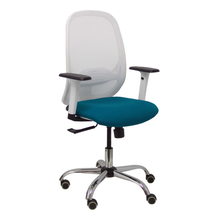 Piqueras y Crespo Silla Cilanco blanca malla blanca asiento bali verde petroleo brazo regulable base cromada ruedas de parque