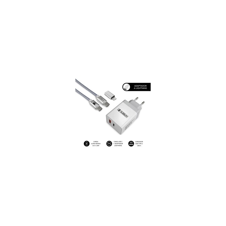 SUBBLIM CARGADOR ULTRA RAPIDO 2xUSB DE PARED PD25W+QC3.0+Cable C to C y lightning Blanco