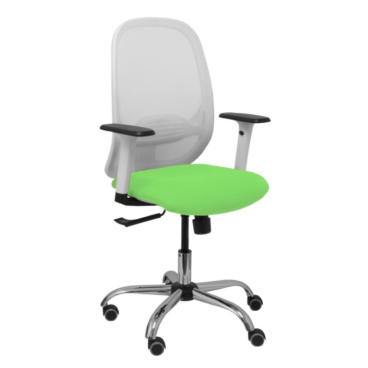 Piqueras y Crespo Silla Cilanco blanca malla blanca asiento bali pistacho brazo regulable base cromada ruedas de parqué