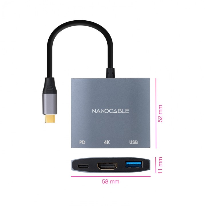 Conversor USB-C a HDMI/USB3.0/USB-C PD, 15 cm, Gris