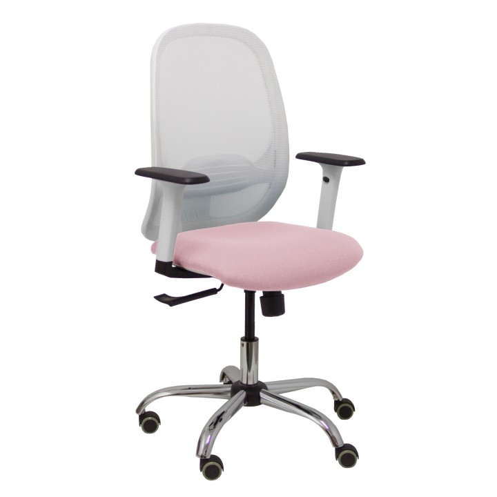 Piqueras y Crespo Silla Cilanco blanca malla blanca asiento bali rosa brazo regulable base cromada ruedas de parque