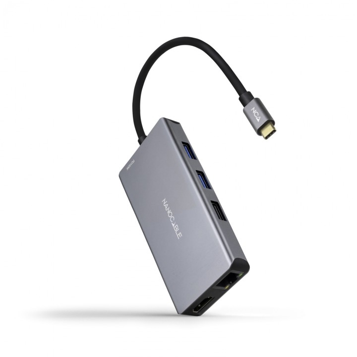 Nanocable HUB USB-C 9 en 1, Conversor USB-C a 3 x USB-A + 2 x HDMI + RJ45 + TF + SD + USB-C PD 100W, Aluminio, 15 cm, Gris