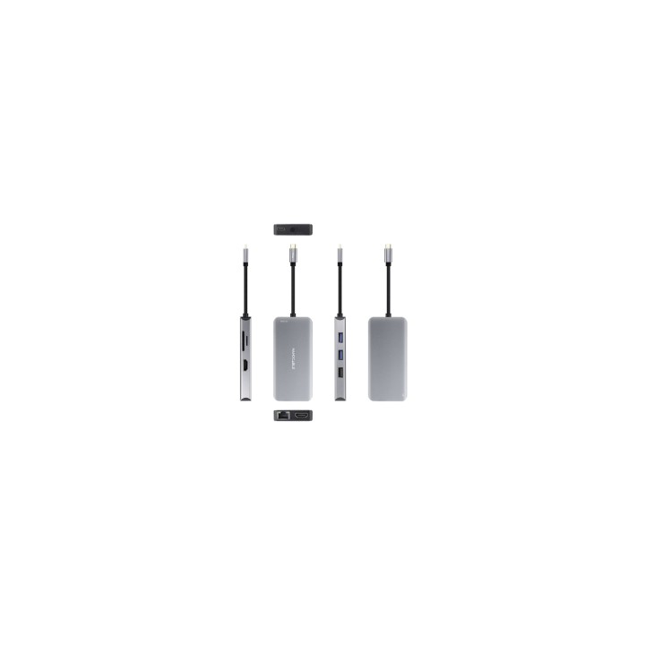 Nanocable HUB USB-C 9 en 1, Conversor USB-C a 3 x USB-A + 2 x HDMI + RJ45 + TF + SD + USB-C PD 100W, Aluminio, 15 cm, Gris