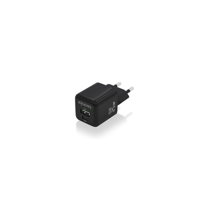 AISENS Cargador GaN 25W, 1xUSB-C PD3.0 QC4.0, 1xUSB-A QC3.0, Negro