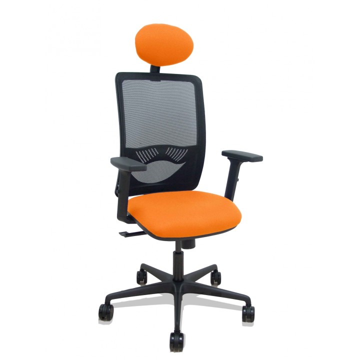 Piqueras y Crespo Silla Zulema sincro malla negra asiento bali naranja brazos 2D ruedas 65mm cabecero