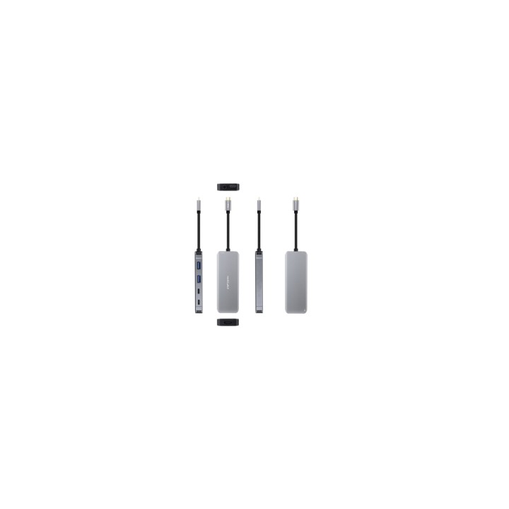 Nanocable HUB USB-C 6 en 1, Conversor USB-C 3.2 GEN1 5G a 2 x USB-A + 2 x USB-C + HDMI + USB-C PD 100W, Aluminio, 15 cm, Gris