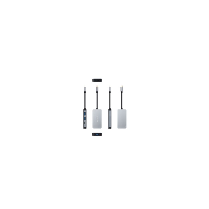 Nanocable HUB USB-C 5 en 1, Conversor 3.2 GEN1 5G a 3 x USB-A 3.0 + USB-C + USB-C PD 100W, Aluminio, 15 cm, Gris