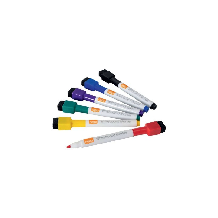 Nobo Mini Rotulador Pizarra Blanca con Tapa Borrador Magnetica - 6 Colores Surtidos - Punta Fina 2mm - Destaca en Pizarras