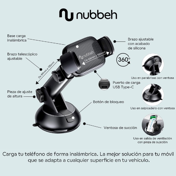 Nubbeh Atlas Soporte Móvil Coche con Carga Inalámbrica QI 15W 3 en 1 Negro