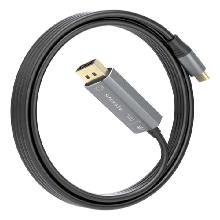 AISENS Cable Conversor Aluminio Bidireccional USB-C A DisplayPort 8K@60Hz, USB-C/M-DP/M, Negro, 1.8m