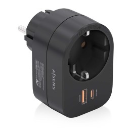 AISENS Regleta De Pared Multifuncion Con 1 Toma + 1xUSB-C 20W PD3.0, 1xUSB-A 20W QC3.0, Negro