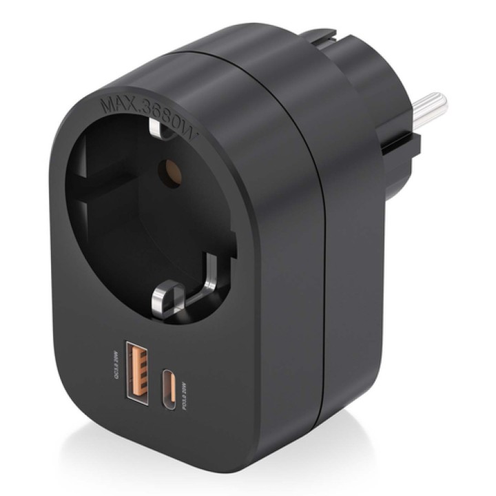 AISENS Regleta De Pared Multifuncion Con 1 Toma + 1xUSB-C 20W PD3.0, 1xUSB-A 20W QC3.0, Negro