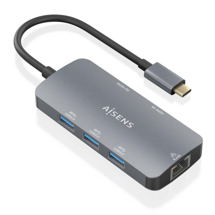 AISENS USB-C Dock 6 En 1, USB-C a 1xHDMI, 1xRJ45, 3xUSB-A, 1xUSB-C PD, Gris, 15cm