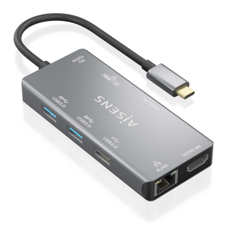 AISENS USB-C Dock 9 En 1, USB-C a 2xHDMI, 1xRJ45, 2xUSB-A USB3.0, 1xUSB-A USB2.0, 1xUSB-C PD, 1xSD, 1xMicro SD, Gris, 15cm