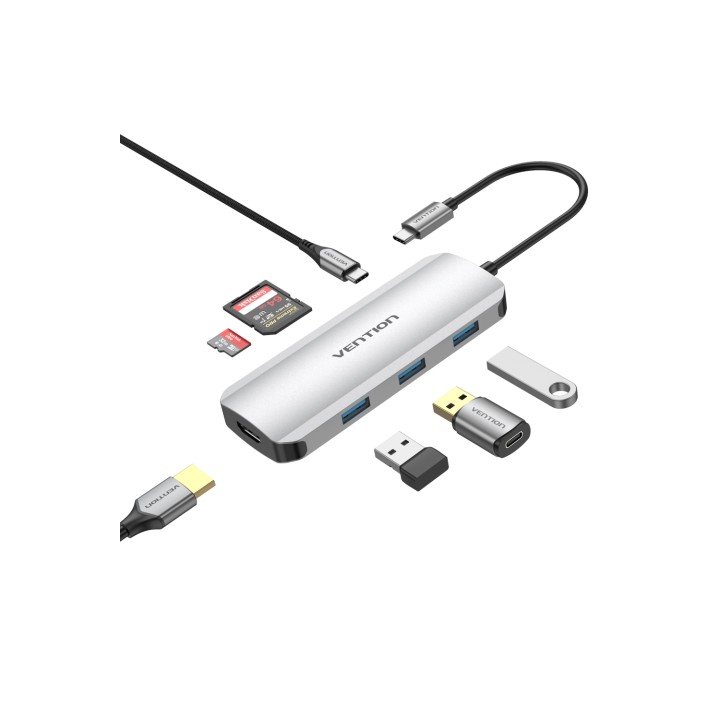 Vention Docking USB Tipo-C TOJHB/ 1xHDMI/ 3xUSB/ 1xUSB Tipo-C/ 1xLector tarjetas/ Gris