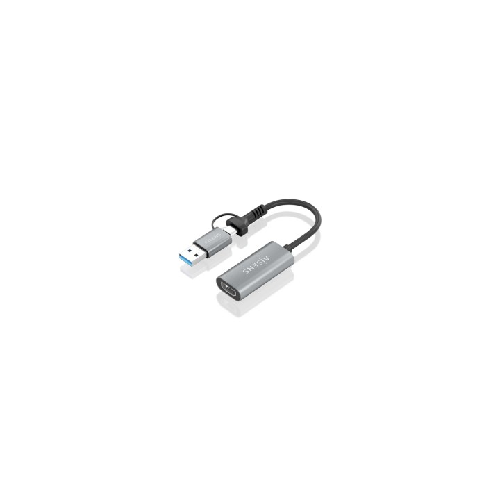 AISENS Conversor Aluminio USB-A+USB-C A HDMI 1080P@60Hz, USB-A/M+USB-C/M-HDMI/H, Gris, 15cm