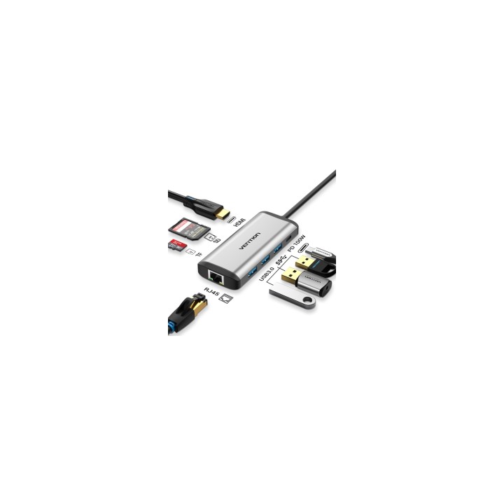 Vention Docking USB Tipo-C CNDHB/ 1xHDMI/ 3xUSB/ 1xUSB Tipo-C PD/ 1xRJ45/ 1xLector tarjetas/ Gris