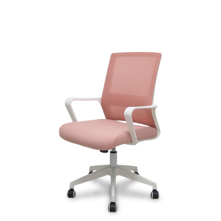 Piqueras y Crespo Silla Ergo535 blanca basculante respaldo malla rosa asiento tela rosa ruedas nailon