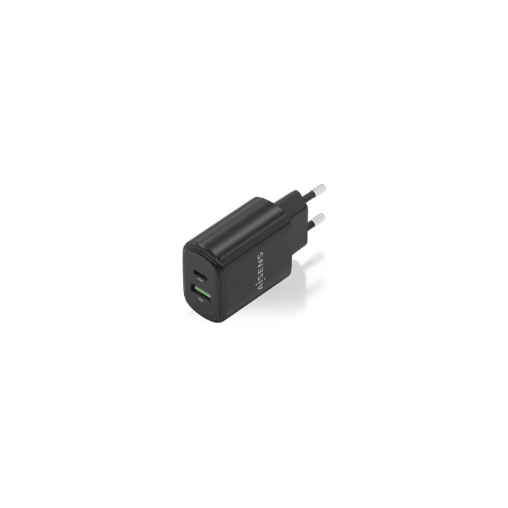 AISENS Cargador GaN 20W, 1xUSB-C PD3.0, 1xUSB-A QC3.0, Negro
