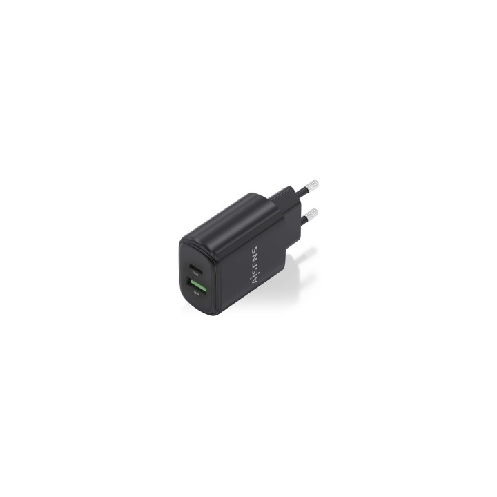 AISENS Cargador GaN 25W, 1xUSB-C PD3.0, 1xUSB-A QC3.0, Negro