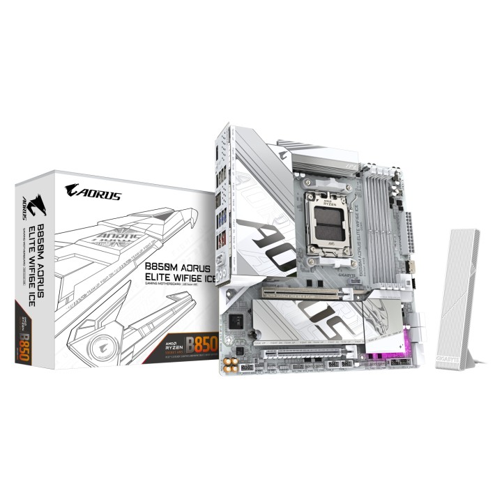 GIGABYTE B850M AORUS ELITE WIFI6E ICE Placa Base - Procesadores AMD Ryzen Serie 9000, 12+2+1 fases VRM digitales, hasta 8200MHz