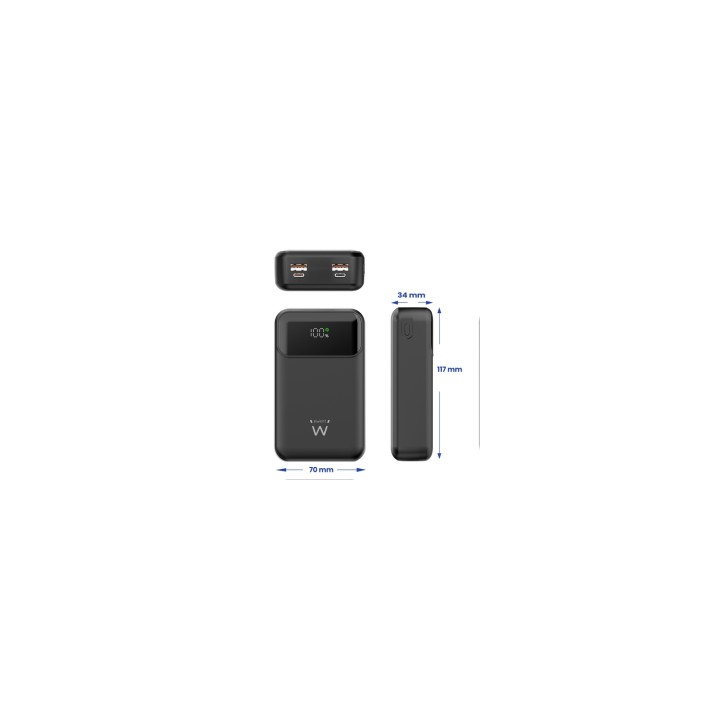 Ewent EW1164 Power Bank de 65W y 20,000 mAh – Batería Externa de Carga Rápida con Entrada y Salida USB-C