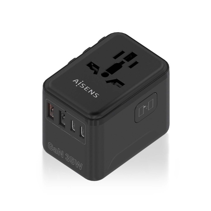 AISENS Adaptador Enchufe Universal Para Viaje EU/USA/UK/AU Con Cargador USB GaN, 2xUSB-A (A1 QC3.0), 3xUSB-C (C1 PD3.0) 35W,